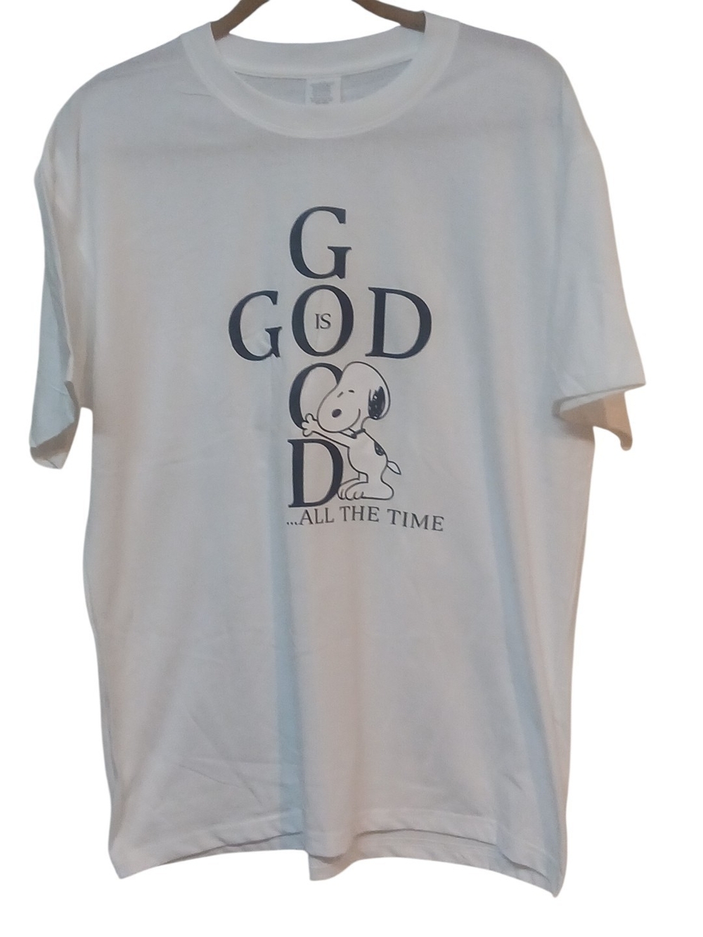 Peanuts - Large, Short Sleeve, Double Sided Tee Shirt Snoopy Hugging God is Good